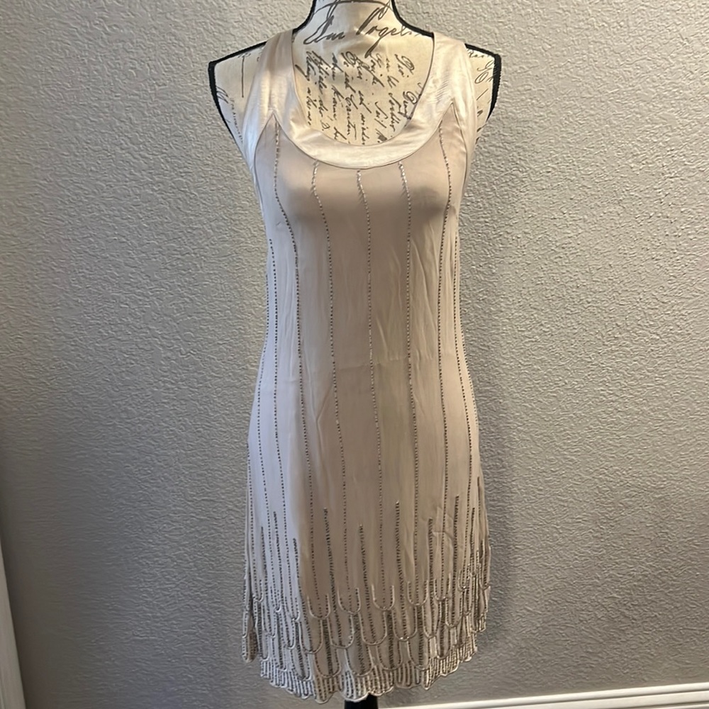 Top Shop Beige Halter Dress w/Beautiful Iridescent Beads & Crystals Sz 10